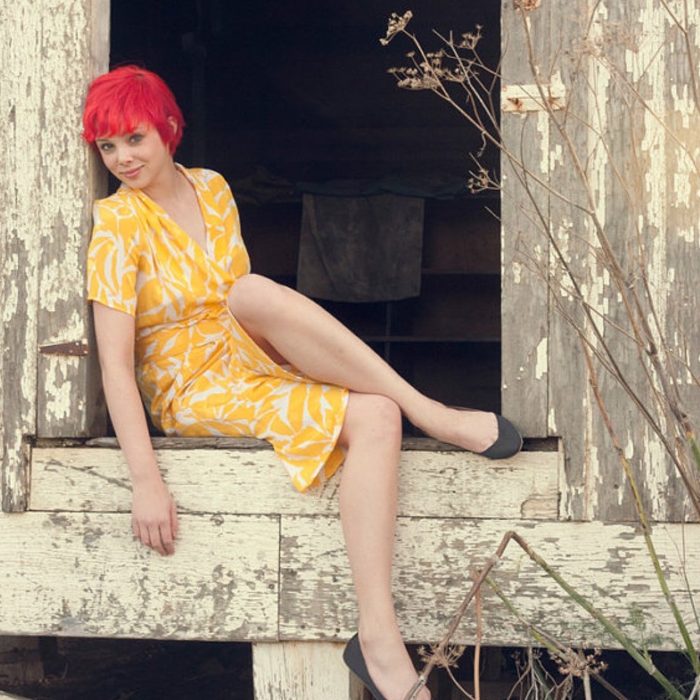 Vintage 80s White and Yellow Belted Printed Dress